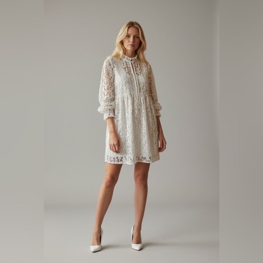 Zara White Floral Textured Babydoll Dress/Tunic - Size XL